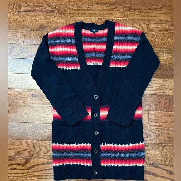Gap Wool Blend Cardigan Sweater Women’s Long Sleeve Button Down Blue Aztec Sz M - Picture 6 of 13